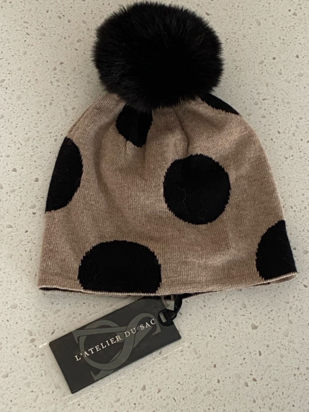 NWT L’ATELIER DU SAC wool blend Tan with Black Polka Dots hat beanie toque fur